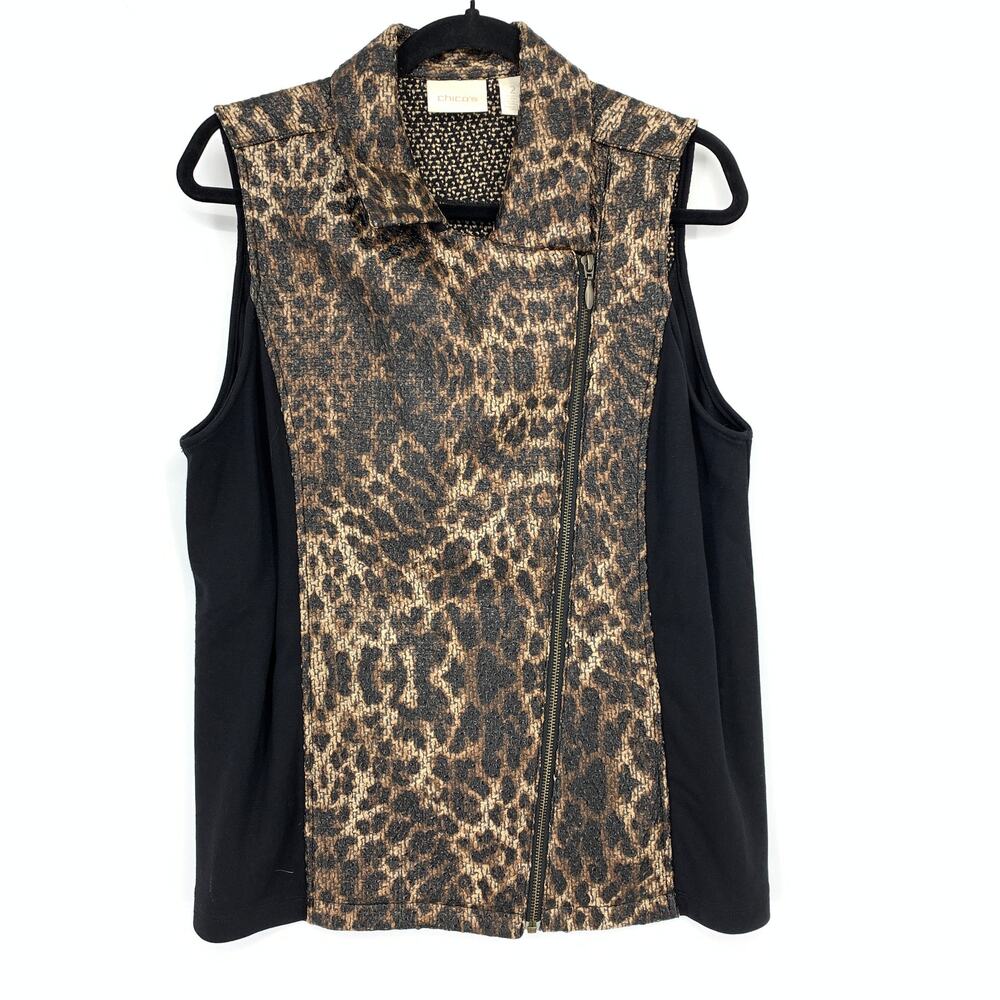 Chicos Zip Front Moto Vest Womens Size 2 US Large Leopard Print Black